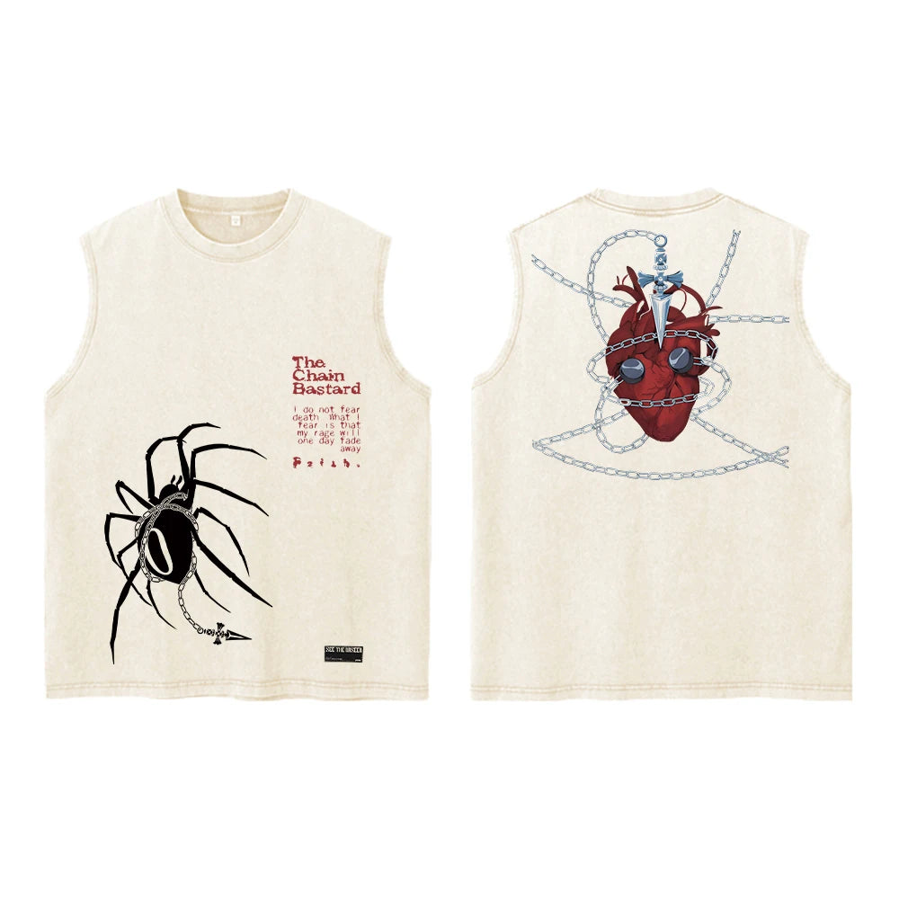 Anime Hunter X Hunter Acid Vest Retro Vintage Printed Washed Graphic Vest Men Harajuku Y2k Cotton Casual Tshirt Tops Unisex