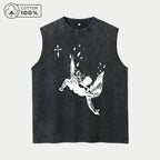 Men's Retro Pure Cotton Washed Vest With Angel Fall Print Summer Casual Sleeveless T-Shirt Daily Commute Outdoor Fitness Top
