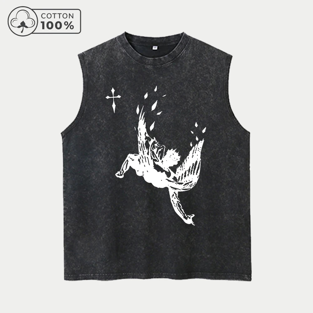 Men's Retro Pure Cotton Washed Vest With Angel Fall Print Summer Casual Sleeveless T-Shirt Daily Commute Outdoor Fitness Top