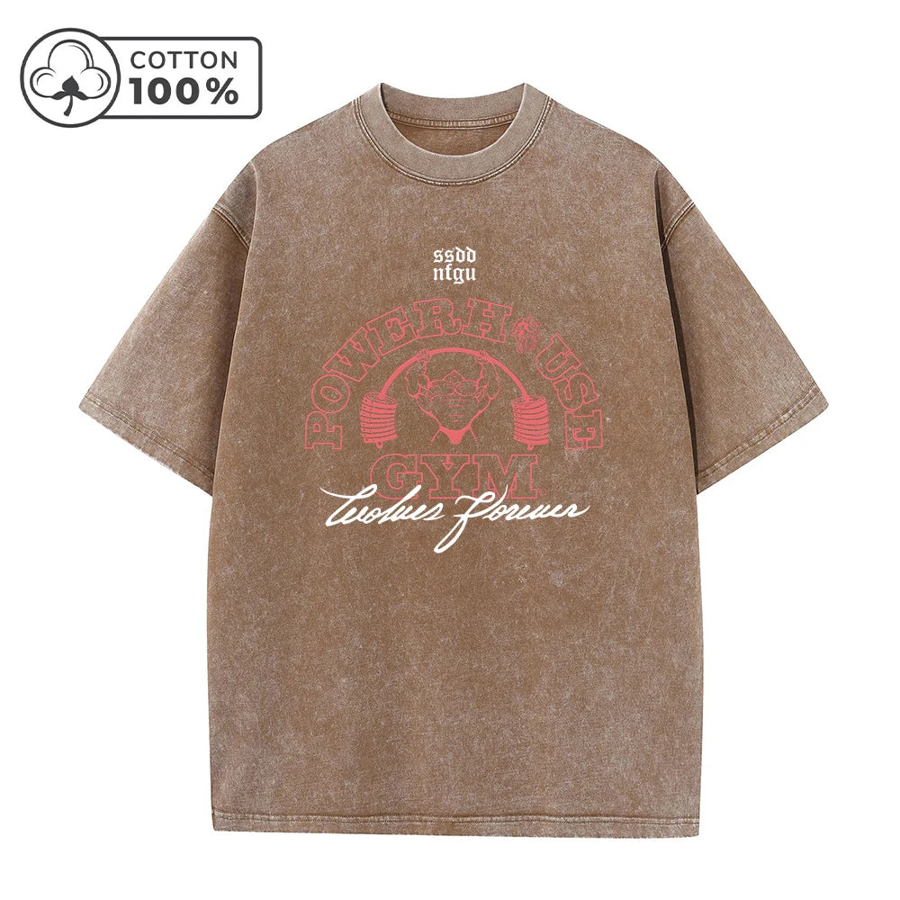 Men's Dumbbell Printed Washed T-Shirt Casual Pure Cotton Street Style Short Sleeve Summer Loose Breathable Sports Top