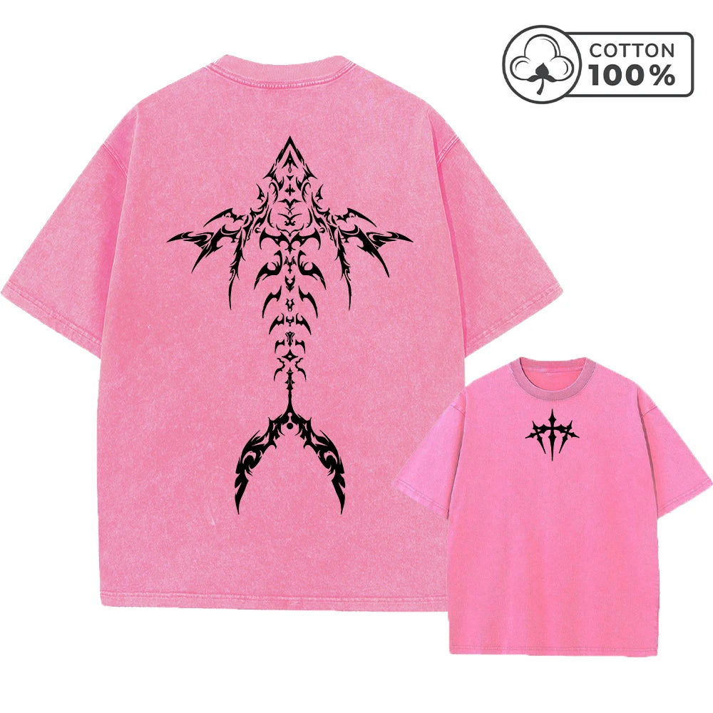 Men's  Fashion Washed T-Shirt With Unique Fishbone Print Loose Fit Casual Pure Cotton Short Sleeve Street Style Commuter Top