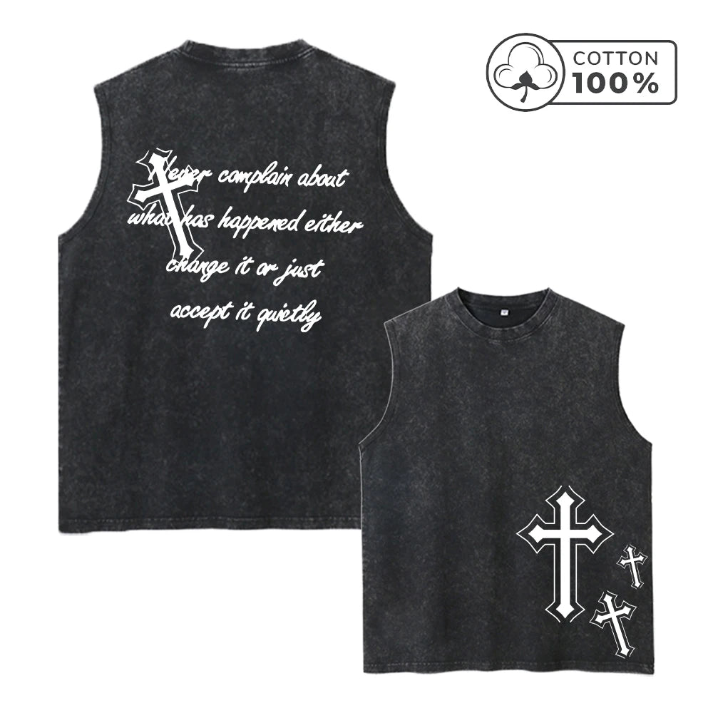 Men's Retro Pure Cotton Washed Vest With Creative Cross Text Print Summer Fashion Casual Vest Daily Commute Outdoor Fitness Top