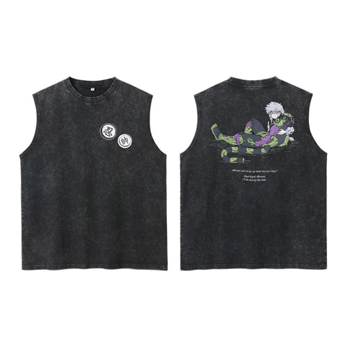 Anime Hunter X Hunter Acid Vest Retro Vintage Printed Washed Graphic Vest Men Harajuku Y2k Cotton Casual Tshirt Tops Unisex