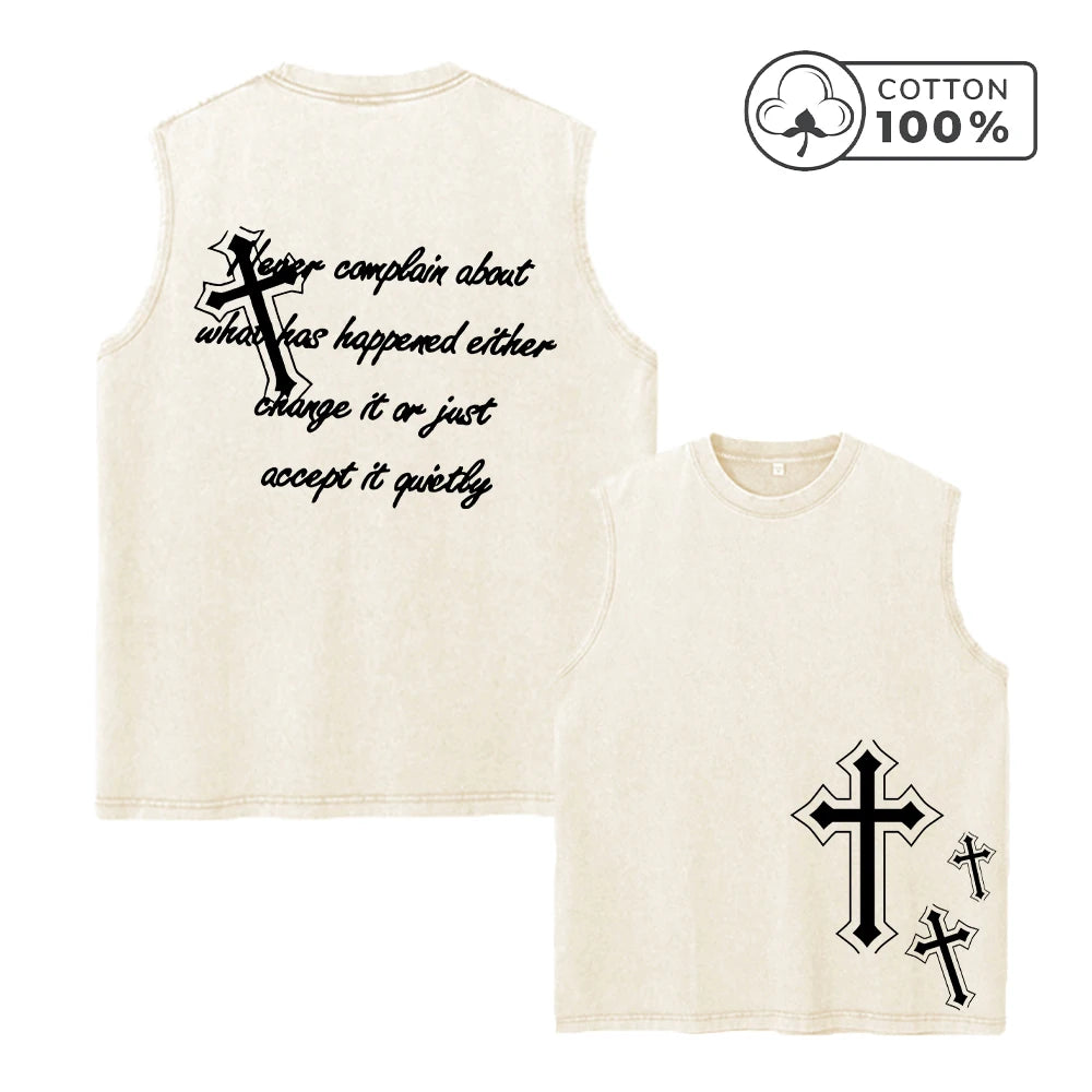 Men's Retro Pure Cotton Washed Vest With Creative Cross Text Print Summer Fashion Casual Vest Daily Commute Outdoor Fitness Top