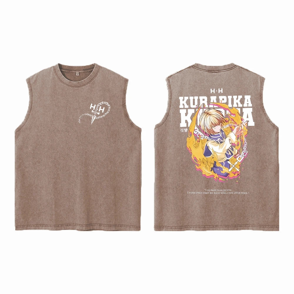 Anime Hunter X Hunter Acid Vest Retro Vintage Printed Washed Graphic Vest Men Harajuku Y2k Cotton Casual Tshirt Tops Unisex