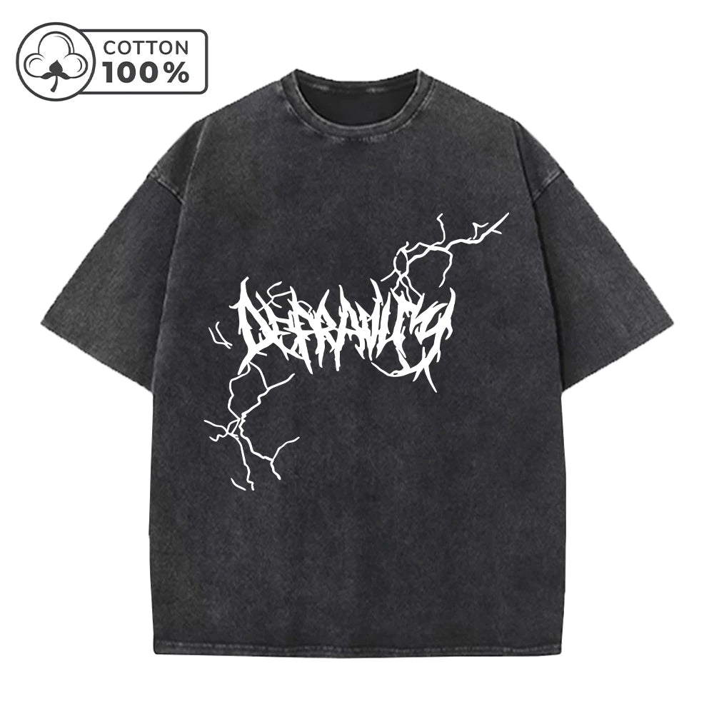 Men's Lightning Thorn Print Washed T-Shirt Distressed Retro Casual Loose Pure Cotton Short Sleeve Summer Running Commuter Top