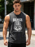 Men's Retro Street Style Pure Cotton Washed Vest God Print Loose Casual Sleeveless Top Comfortable And Breathable Fitness Vest