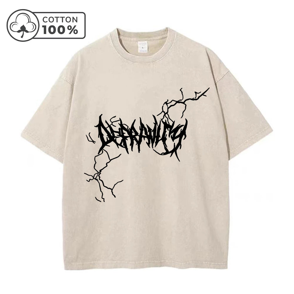 Men's Lightning Thorn Print Washed T-Shirt Distressed Retro Casual Loose Pure Cotton Short Sleeve Summer Running Commuter Top