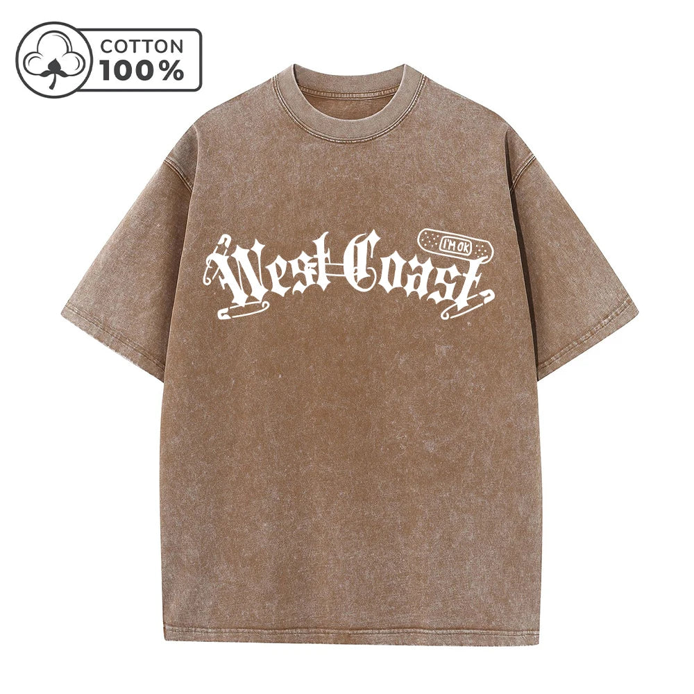 Men's Fashionable Washed T-Shirt With Unique Thorn Text Print Loose Casual Pure Cotton Short Sleeved Street Style Commuter Top