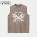 Men's Simple Butterfly Print Retro Washed Vest Summer Casual Heavyweight Pure Cotton Sleeveless Vest Street Style Loose Top