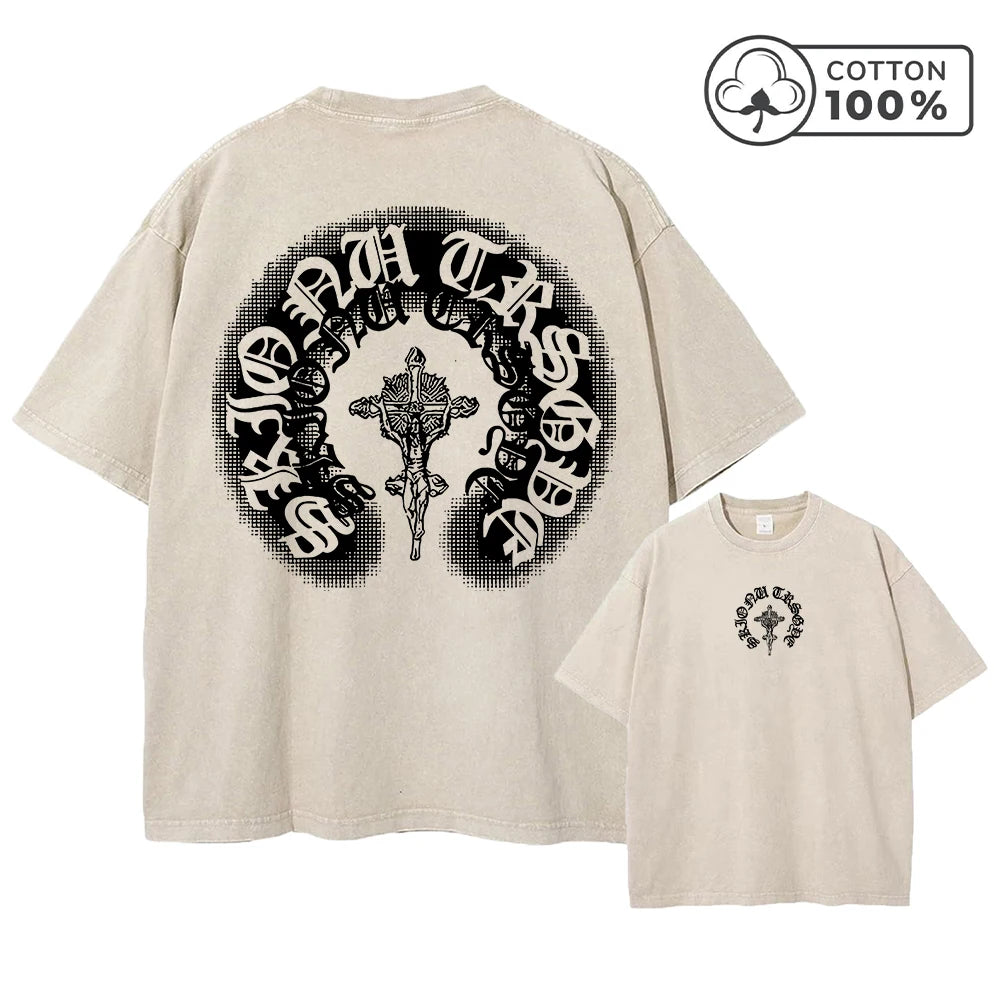 Men's Distressed Pure Cotton Washed T-Shirt With Cross Badge Print Loose Fit Casual Short Sleeve Everyday Street Style Gym Top