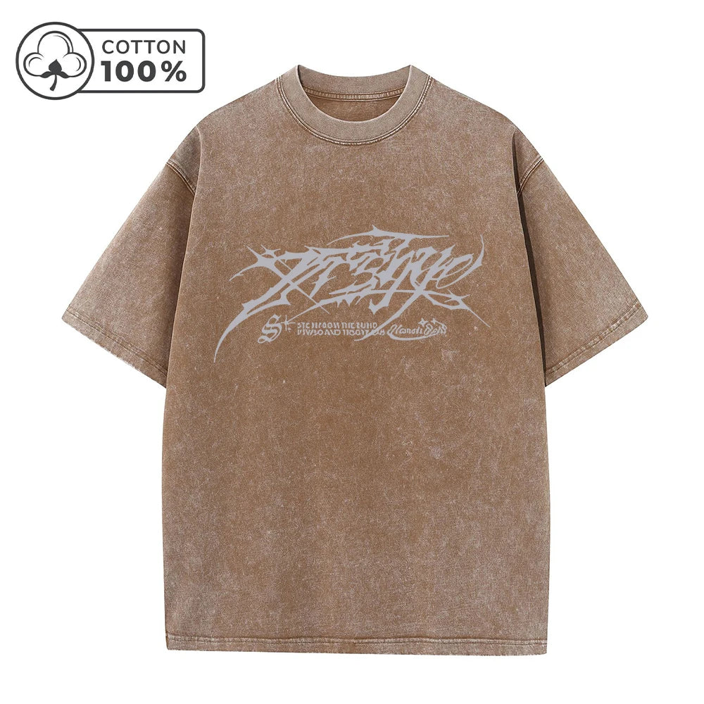 Men's Distressed Pure Cotton Washed T-Shirt Fashionable Gothic Letter Print Loose Fit Casual Short Sleeve Daliy Street Style Top