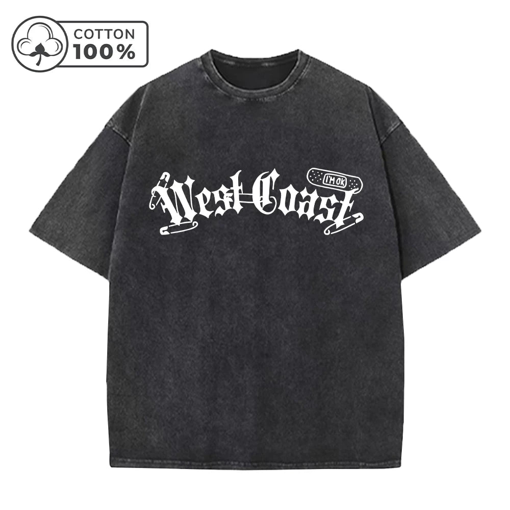 Men's Fashionable Washed T-Shirt With Unique Thorn Text Print Loose Casual Pure Cotton Short Sleeved Street Style Commuter Top