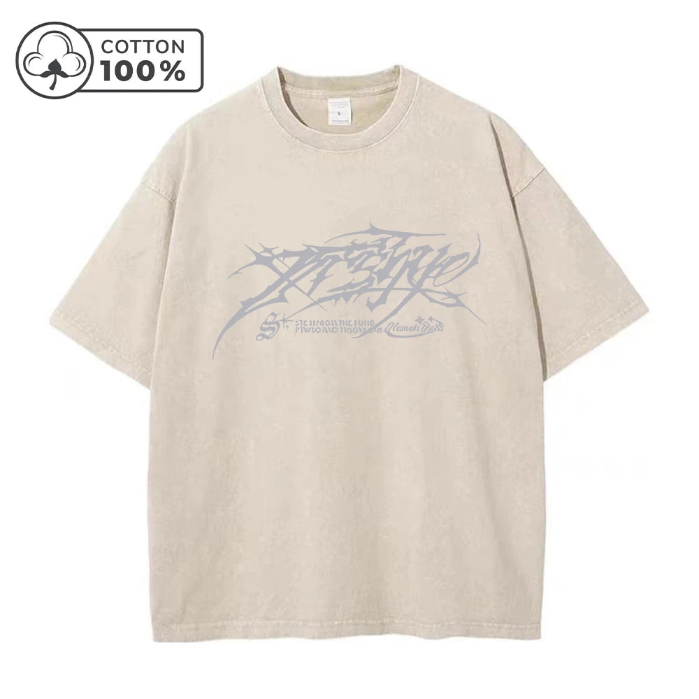 Men's Distressed Pure Cotton Washed T-Shirt Fashionable Gothic Letter Print Loose Fit Casual Short Sleeve Daliy Street Style Top