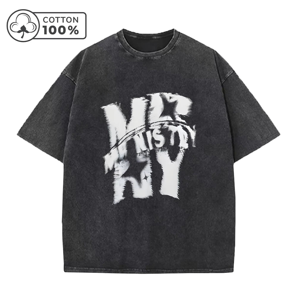 Men's Street Style Washed T-Shirt With Trendy Text Print Retro Pure Cotton Short Sleeve Top For Everyday Commute And Casual Wear