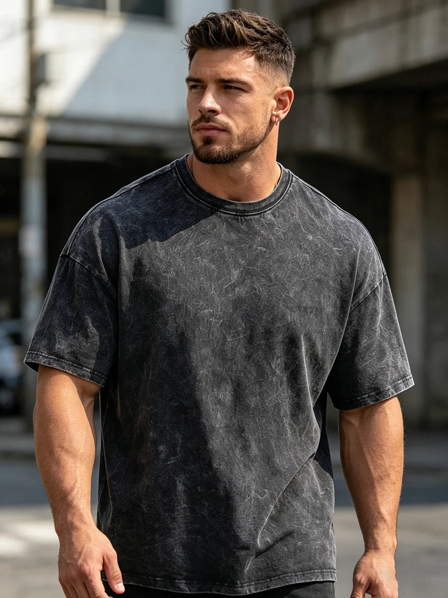 Men's Bird Print Washed T Shirt Summer Retro Distressed Pure Cotton Crew Neck Short Sleeve Fashionable Loose Casual Commuter Top