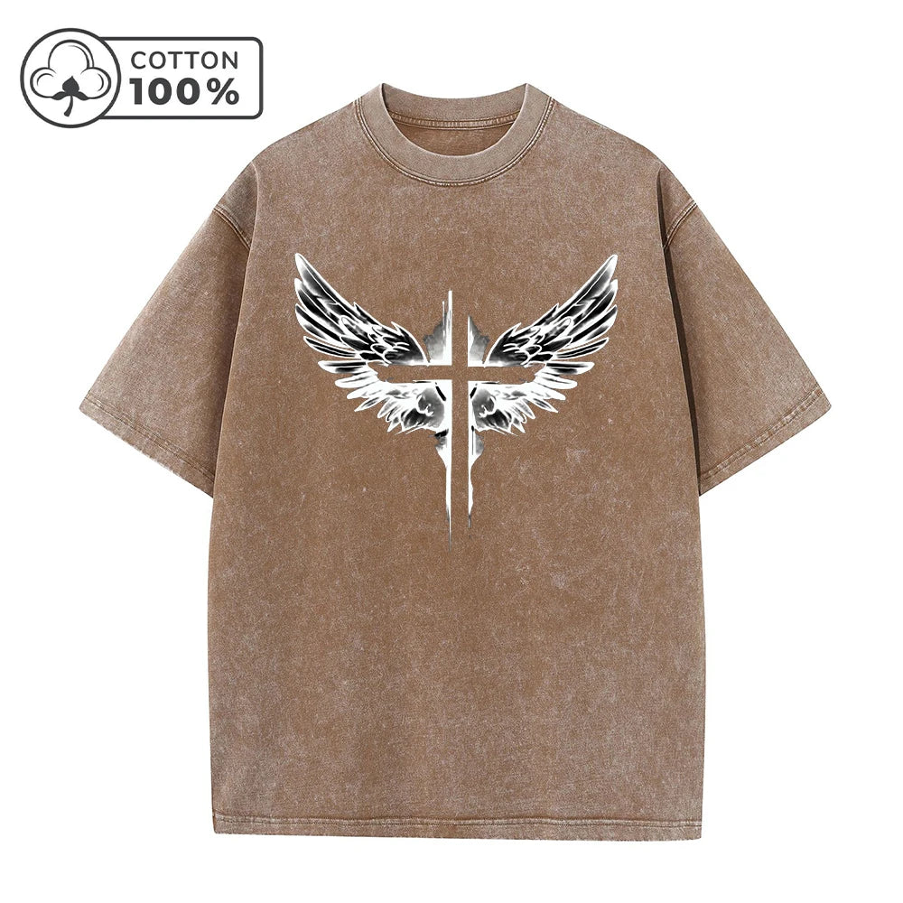 Men's Fashion Retro Washed T Shirt With Cross Wing Print Loose Fit Casual Pure Cotton Short Sleeve Street Style Commuter Top
