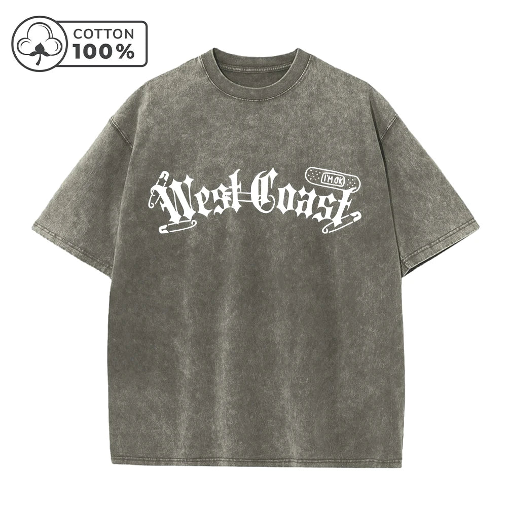 Men's Fashionable Washed T-Shirt With Unique Thorn Text Print Loose Casual Pure Cotton Short Sleeved Street Style Commuter Top