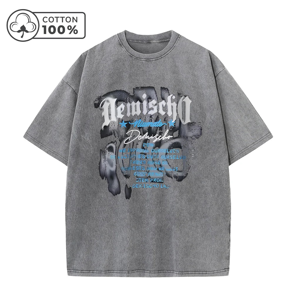 Men's Spring And Summer Casual Washed T-Shirt Vintage Distressed Pure Cotton Crew Neck Short Sleeve Unique Text Print Top