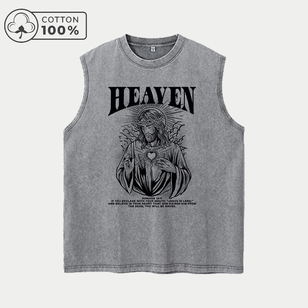 Men's Retro Street Style Pure Cotton Washed Vest God Print Loose Casual Sleeveless Top Comfortable And Breathable Fitness Vest