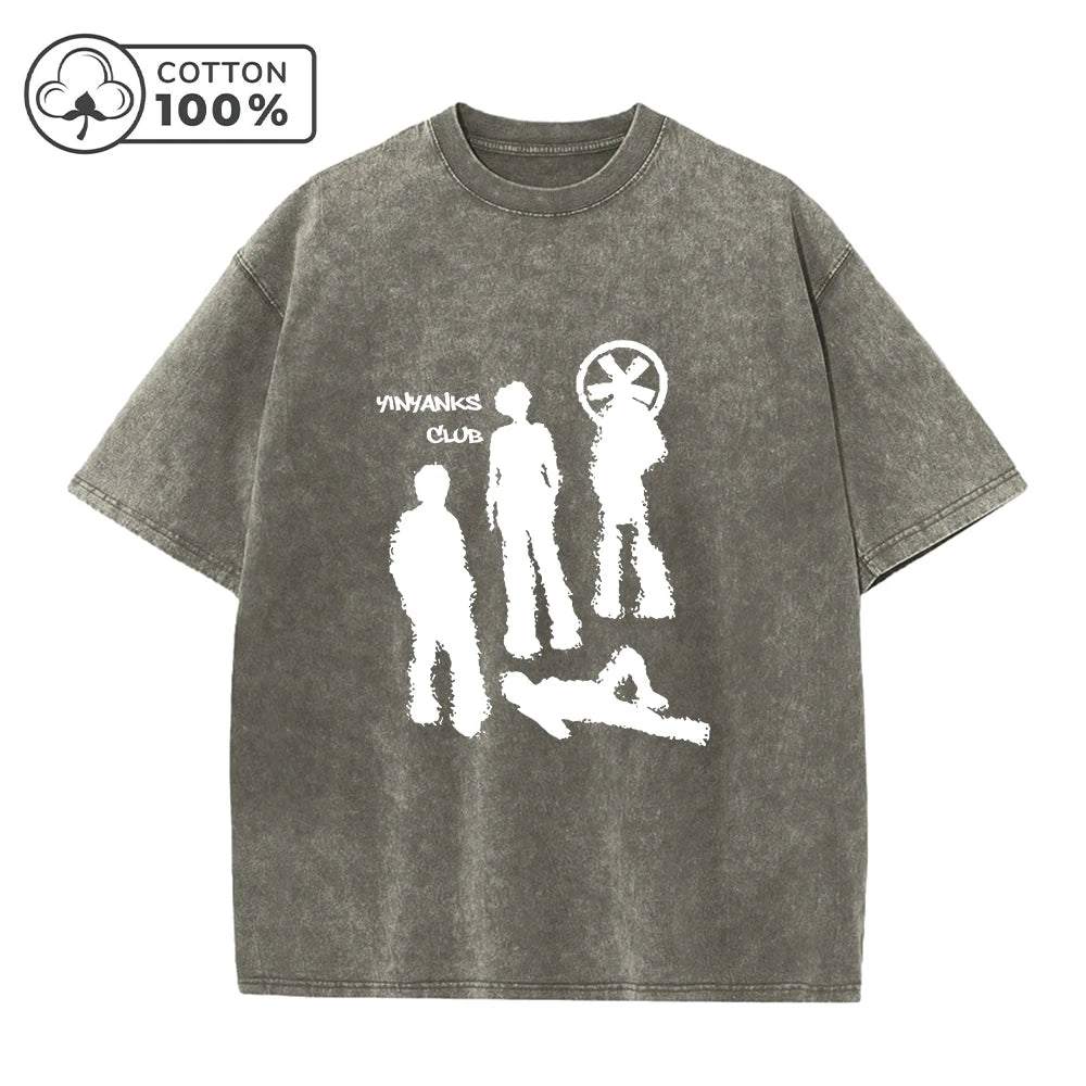 Fashion Retro Washed T-Shirt With Creative Shadow Print Loose Fit Casual Pure Cotton Short Sleeve Street Style Commute Top