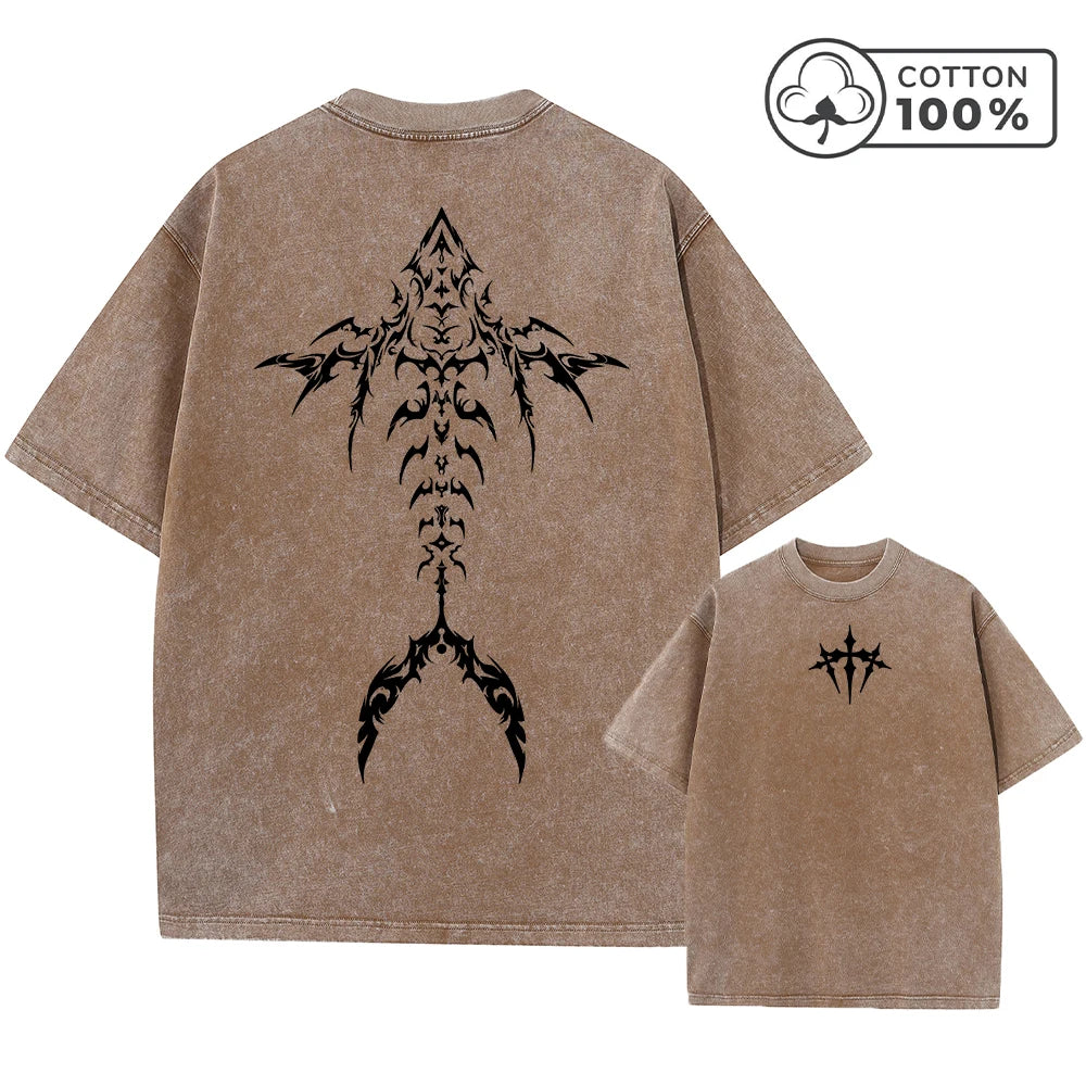 Men's  Fashion Washed T-Shirt With Unique Fishbone Print Loose Fit Casual Pure Cotton Short Sleeve Street Style Commuter Top