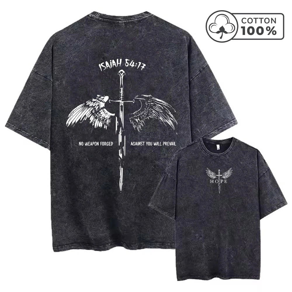 Men's Distressed Pure Cotton Washed T-Shirt With Wings And Sword Print Short Sleeve Loose Fit Casual Daily Wear Fitness Top