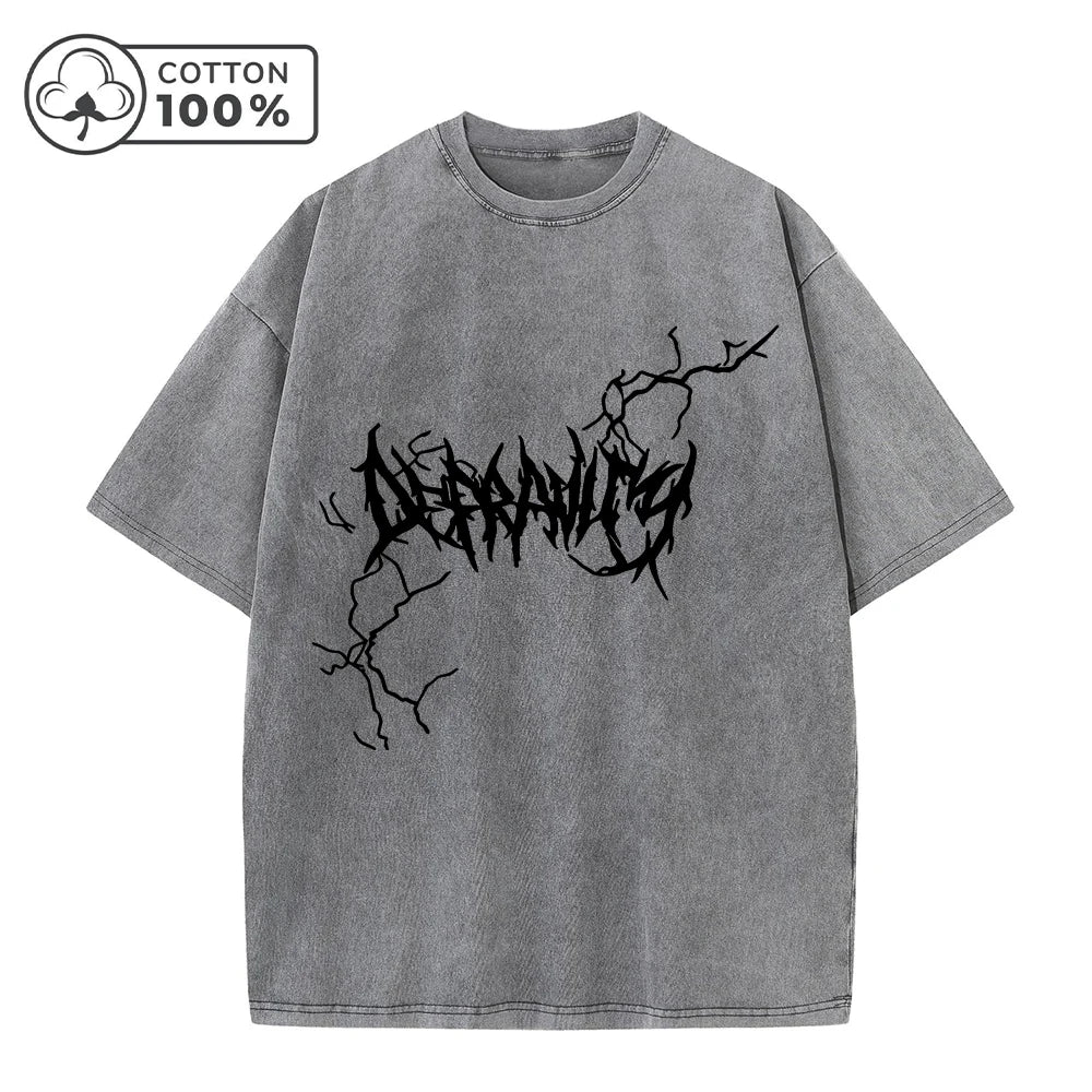 Men's Lightning Thorn Print Washed T-Shirt Distressed Retro Casual Loose Pure Cotton Short Sleeve Summer Running Commuter Top