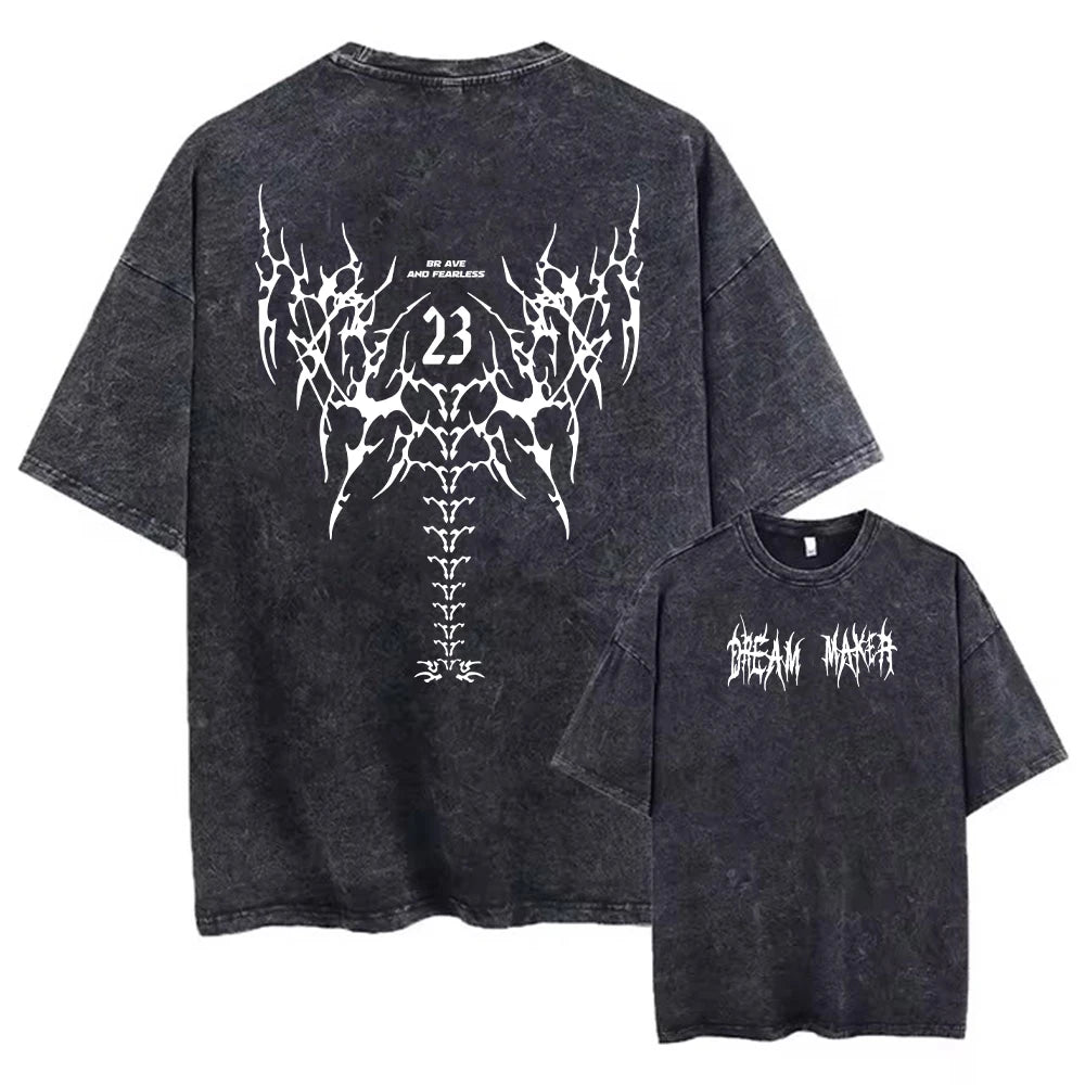 Men's Gothic Wing Print Washed T-Shirt Breathable Pure Cotton Crew Neck Short Sleeve Street Hip Hop Fashion Base Layer