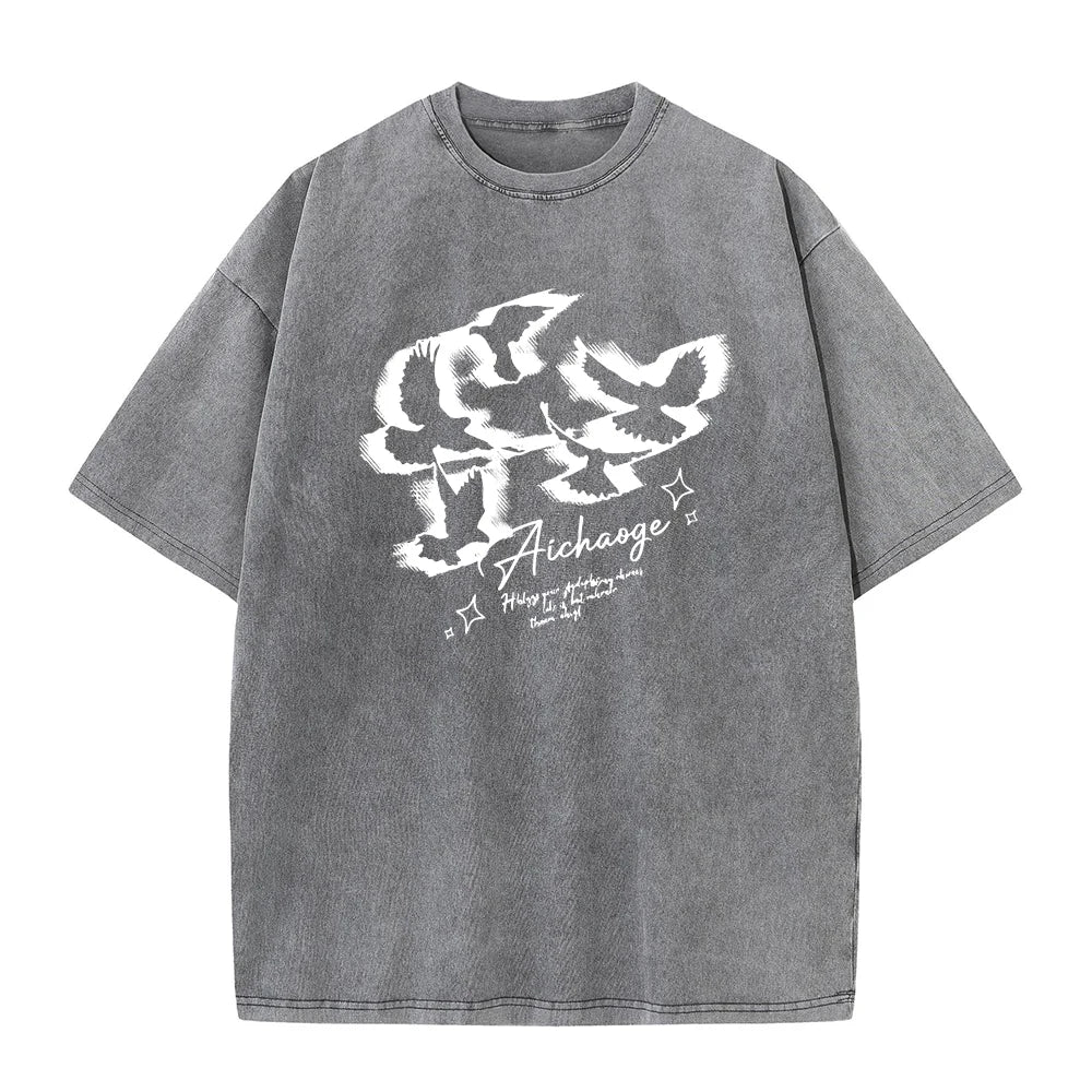 Men's Bird Print Washed T Shirt Summer Retro Distressed Pure Cotton Crew Neck Short Sleeve Fashionable Loose Casual Commuter Top