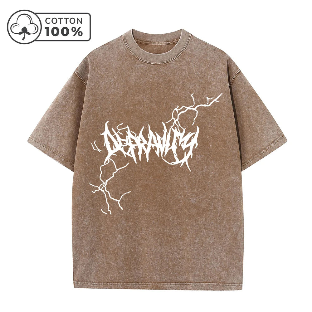 Men's Lightning Thorn Print Washed T-Shirt Distressed Retro Casual Loose Pure Cotton Short Sleeve Summer Running Commuter Top