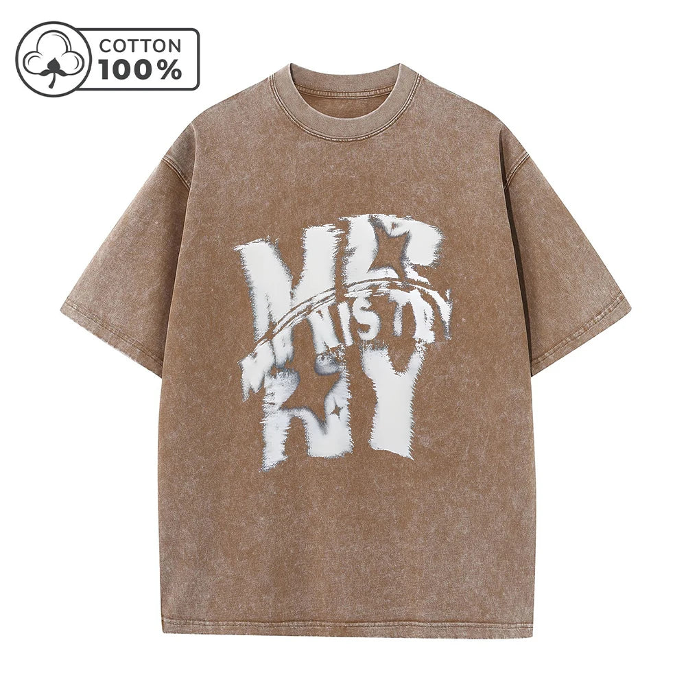 Men's Street Style Washed T-Shirt With Trendy Text Print Retro Pure Cotton Short Sleeve Top For Everyday Commute And Casual Wear
