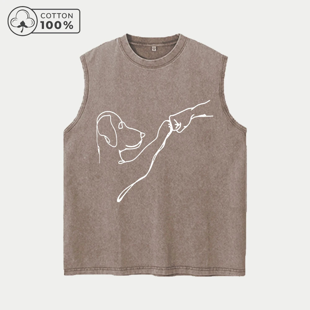 Men's Retro Pure Cotton Washed Vest With Fist Bumper Dog Print Summer Fashion Casual Sleeveless T-Shirt Outdoor Fitness Top