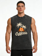 Men's Coconut Tree Print Pure Cotton Washed Vest Summer Fashion Casual Heavyweight Distressed Sleeveless Vest 2026 New Style