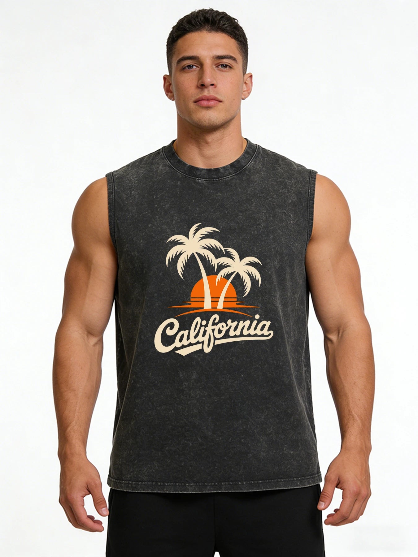 Men's Coconut Tree Print Pure Cotton Washed Vest Summer Fashion Casual Heavyweight Distressed Sleeveless Vest 2026 New Style