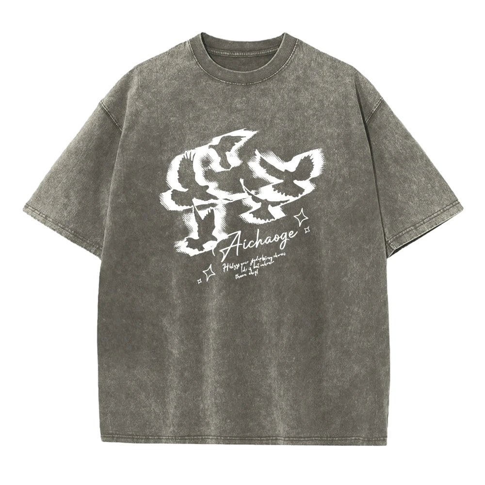 Men's Bird Print Washed T Shirt Summer Retro Distressed Pure Cotton Crew Neck Short Sleeve Fashionable Loose Casual Commuter Top