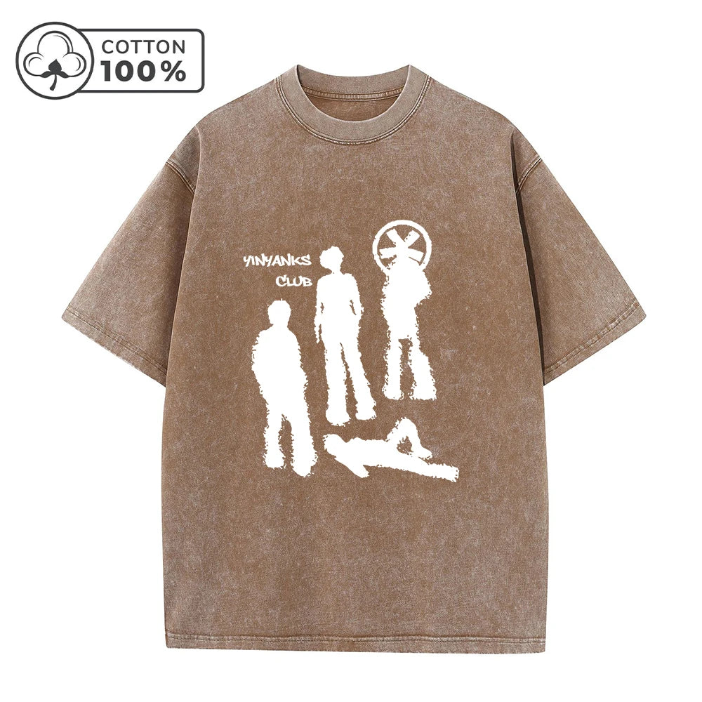 Fashion Retro Washed T-Shirt With Creative Shadow Print Loose Fit Casual Pure Cotton Short Sleeve Street Style Commute Top