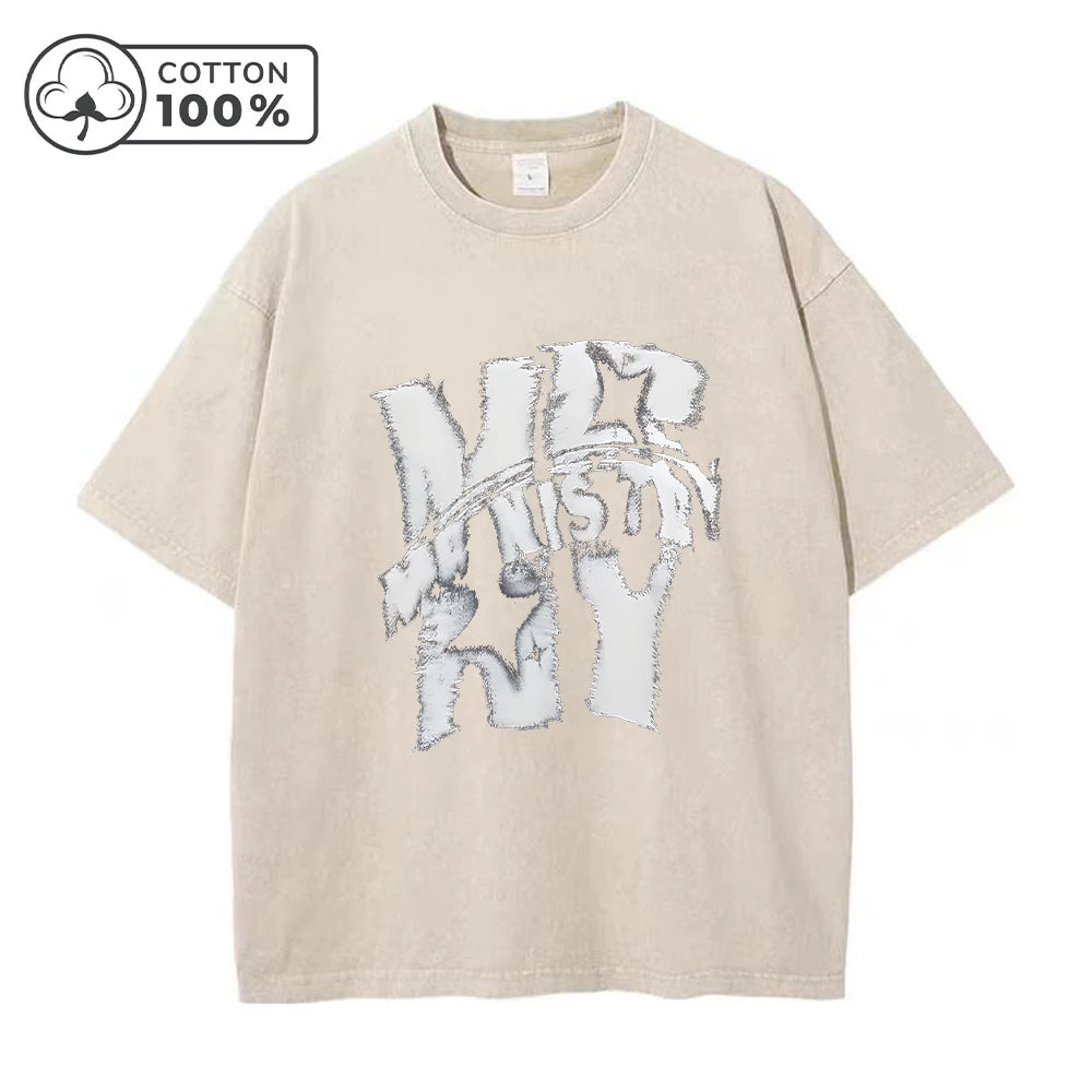 Men's Street Style Washed T-Shirt With Trendy Text Print Retro Pure Cotton Short Sleeve Top For Everyday Commute And Casual Wear