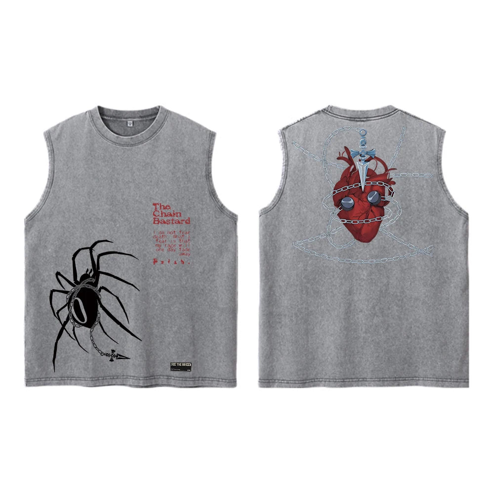 Anime Hunter X Hunter Acid Vest Retro Vintage Printed Washed Graphic Vest Men Harajuku Y2k Cotton Casual Tshirt Tops Unisex