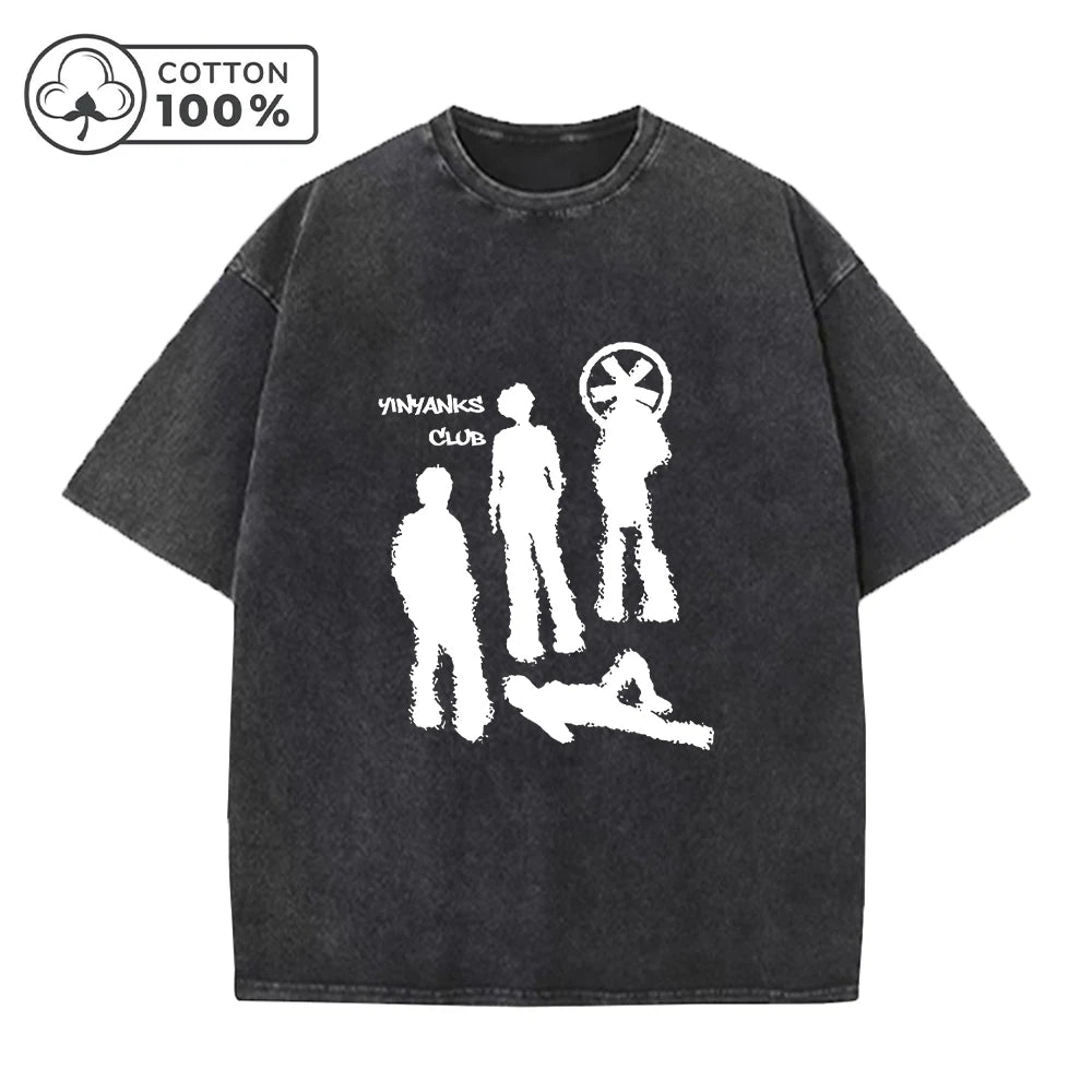 Fashion Retro Washed T-Shirt With Creative Shadow Print Loose Fit Casual Pure Cotton Short Sleeve Street Style Commute Top