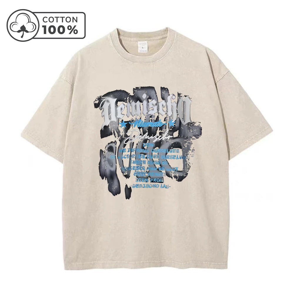 Men's Spring And Summer Casual Washed T-Shirt Vintage Distressed Pure Cotton Crew Neck Short Sleeve Unique Text Print Top