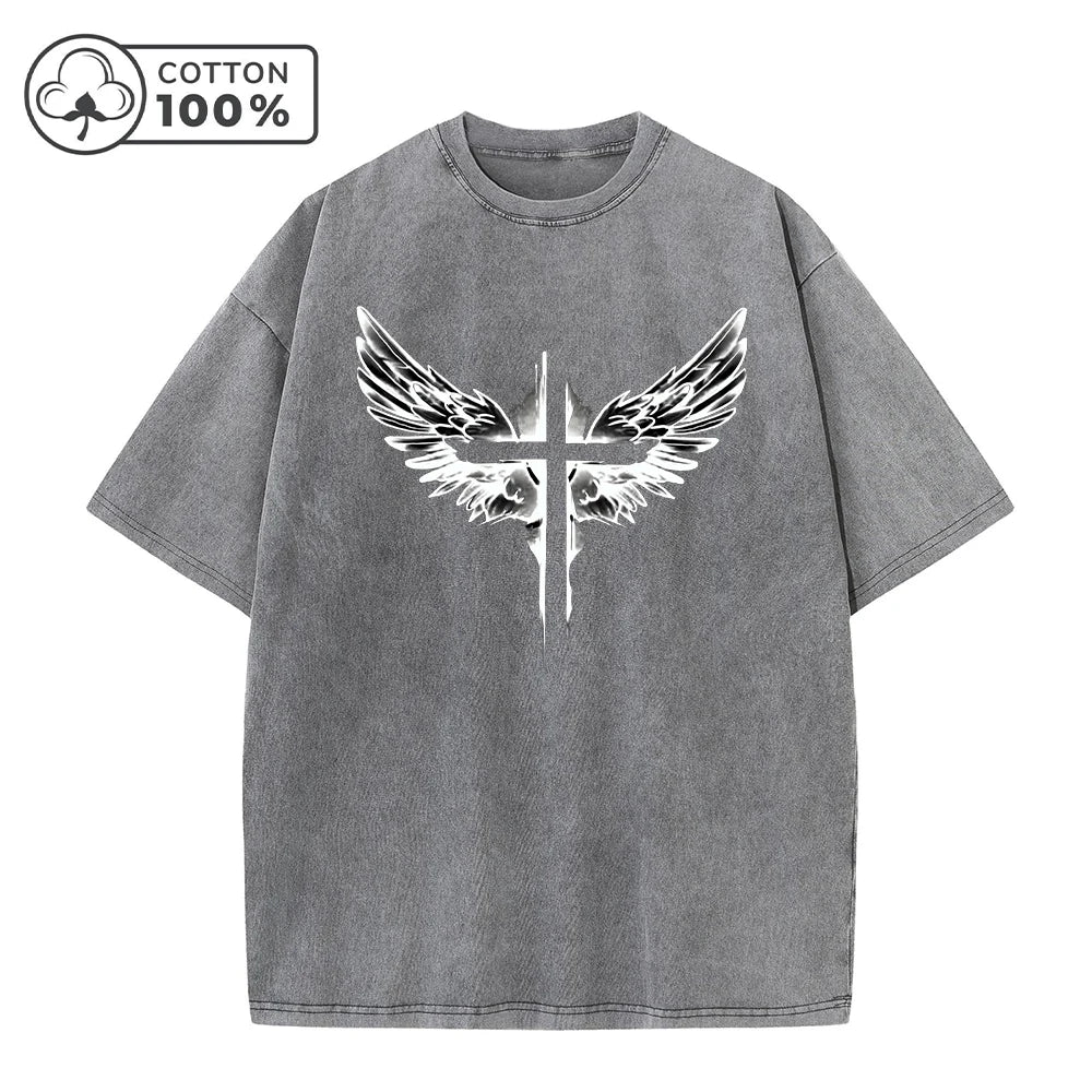 Men's Fashion Retro Washed T Shirt With Cross Wing Print Loose Fit Casual Pure Cotton Short Sleeve Street Style Commuter Top