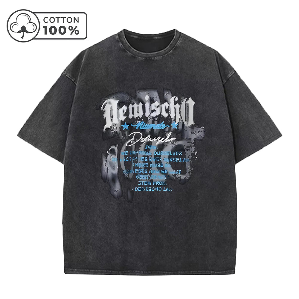 Men's Spring And Summer Casual Washed T-Shirt Vintage Distressed Pure Cotton Crew Neck Short Sleeve Unique Text Print Top