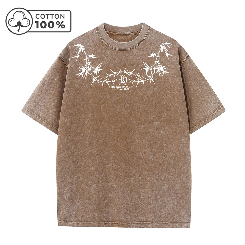 Men's Street Style Washed T-Shirt With Unique Bamboo Leaf Print Retro Pure Cotton Short Sleeve Top Casual Daily Commute