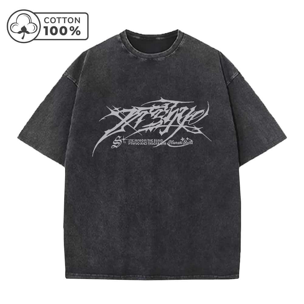 Men's Distressed Pure Cotton Washed T-Shirt Fashionable Gothic Letter Print Loose Fit Casual Short Sleeve Daliy Street Style Top