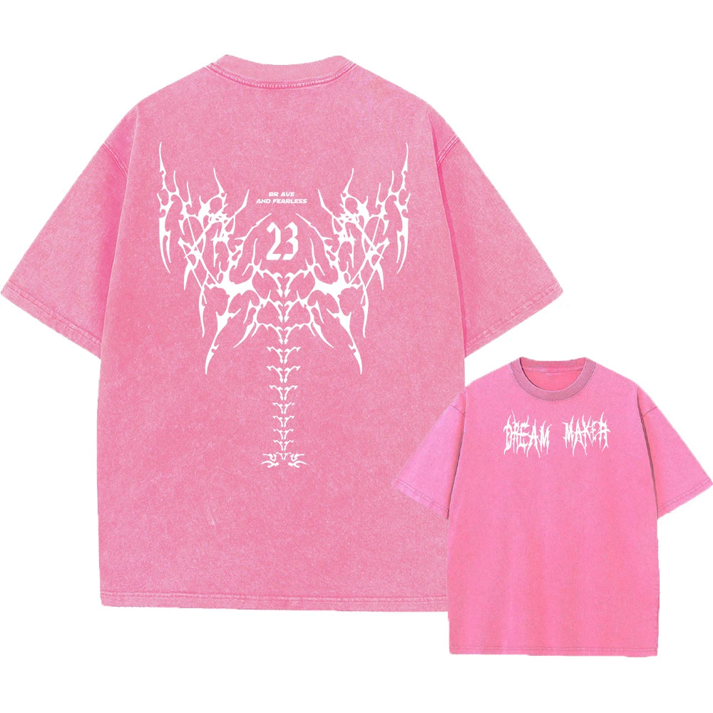 Men's Gothic Wing Print Washed T-Shirt Breathable Pure Cotton Crew Neck Short Sleeve Street Hip Hop Fashion Base Layer