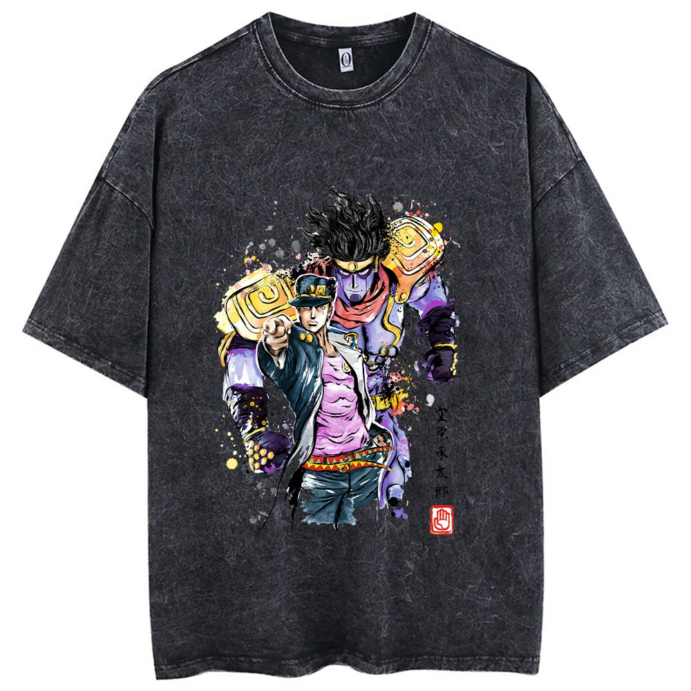 Y2k Washed T-shirts For Men Anime JoJo's Bizarre Adventure Short Tshirts Women Tops Graphic Printed TShirt Short Sleeve Unisex