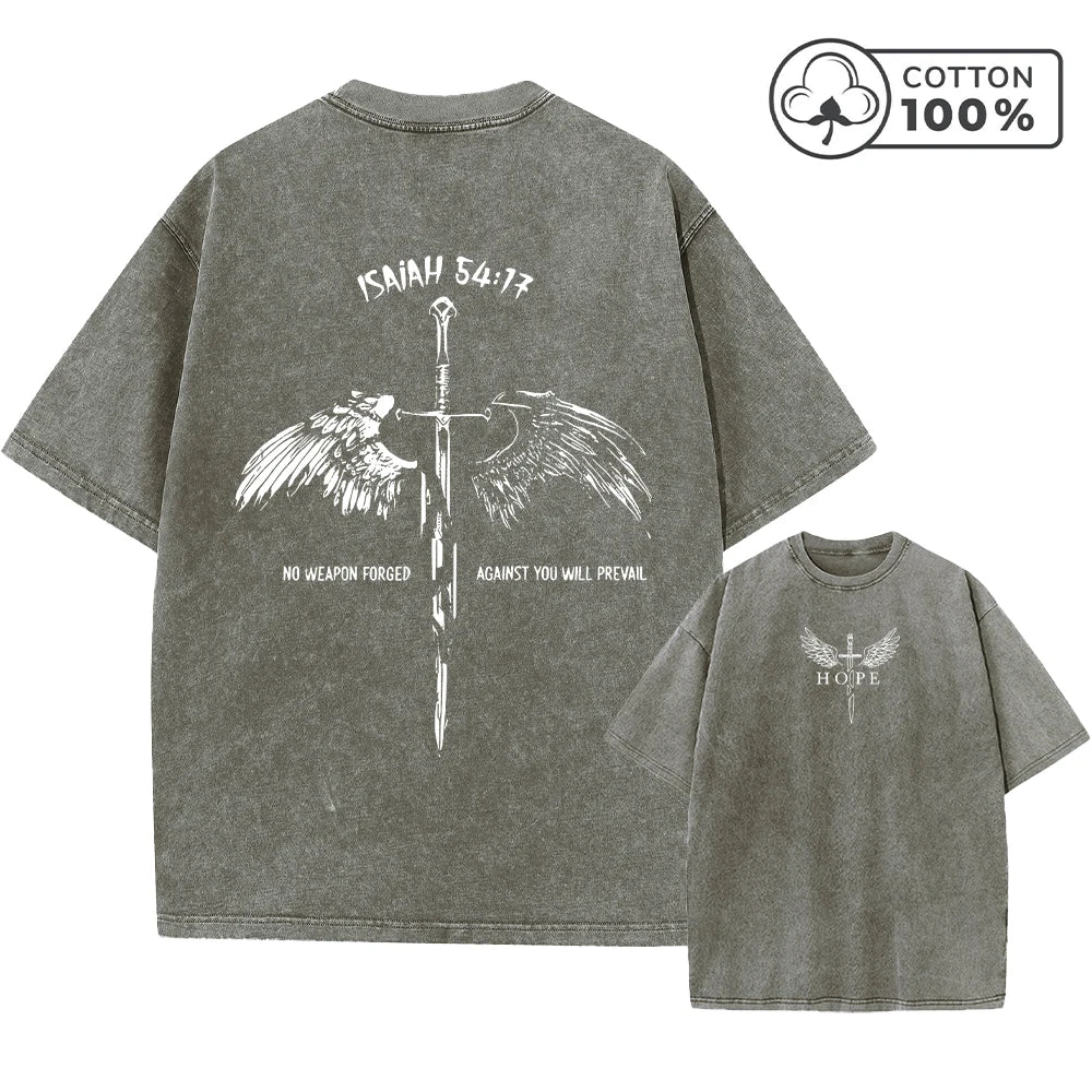Men's Distressed Pure Cotton Washed T-Shirt With Wings And Sword Print Short Sleeve Loose Fit Casual Daily Wear Fitness Top