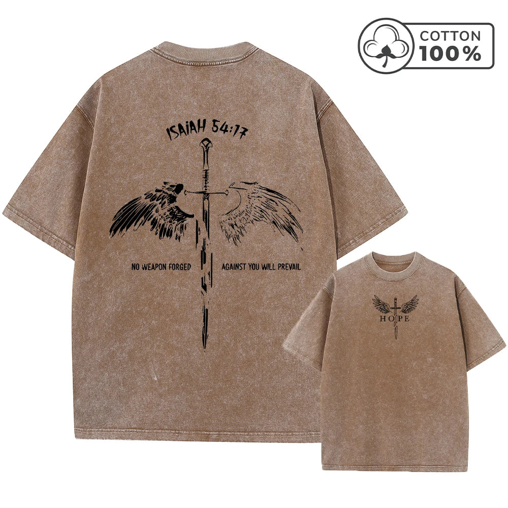 Men's Distressed Pure Cotton Washed T-Shirt With Wings And Sword Print Short Sleeve Loose Fit Casual Daily Wear Fitness Top