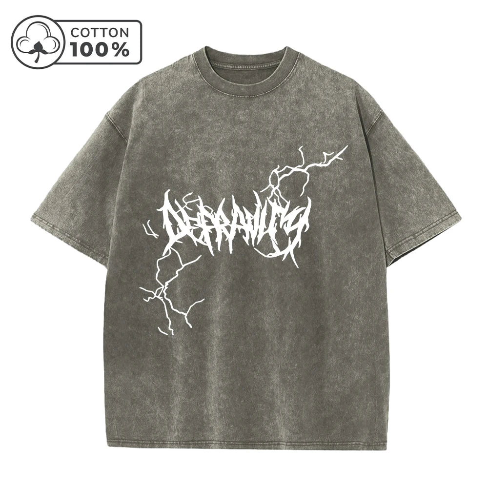 Men's Lightning Thorn Print Washed T-Shirt Distressed Retro Casual Loose Pure Cotton Short Sleeve Summer Running Commuter Top